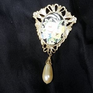 Vintage Floral Pin With Dangling Faux Pearl